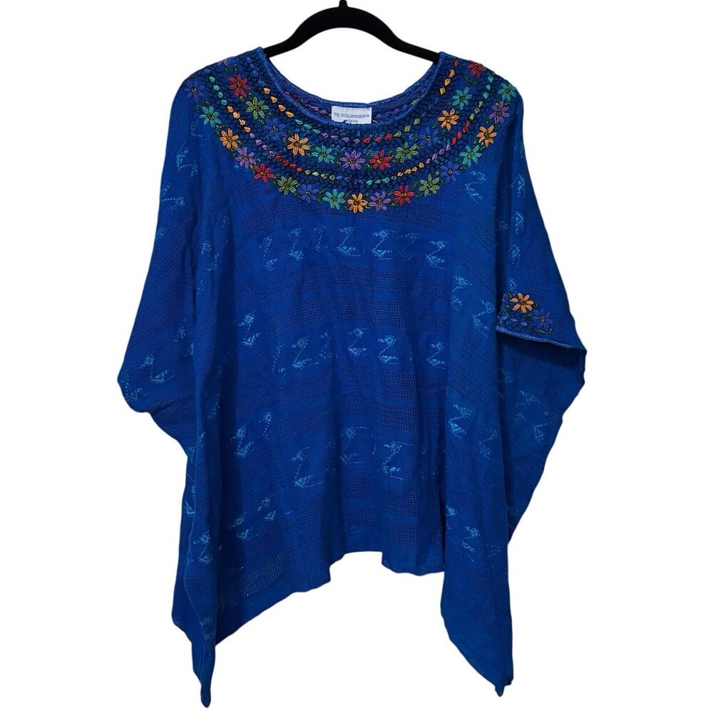 Mi Golondrina Blue Embroidered Crochet Beach Poncho Coverup Blouse One Size